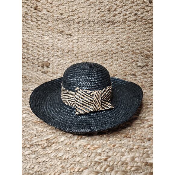Women's Aztec Black Brown Bow Band Straw Beach Sun Panama Church Hat - Picture 1 of 7